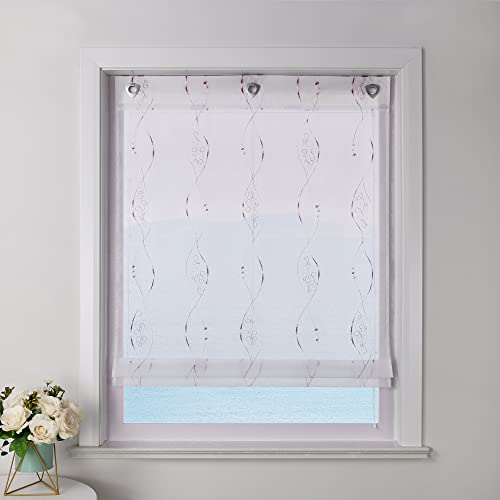 ESLIR Raffrollo ohne Bohren Raffgardine Transparent mit Ösen Bestickt Gardinen mit Haken Ösenrollo Weiß Vorhänge mit Stickerei Violett BxH 80x140cm 1 Stück