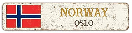 Norwegen Straßenschild Oslo Stadtschild Norwegen Flagge Schild Vintage Land Hauptstadt Stadt Souvenir für Landstraße Wanddekoration 10 x 45 cm