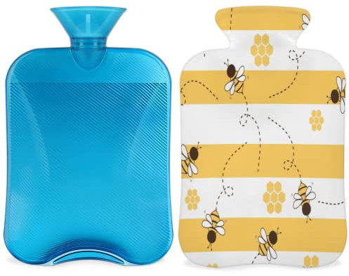 Bee Cartoons Wärmflasche mit Bezug, 2 l, Gelb / Weiß gestreift, PVC-Wärmflasche für Handfüße, Schmerzlinderung, Wärmekompresse und Kältetherapie