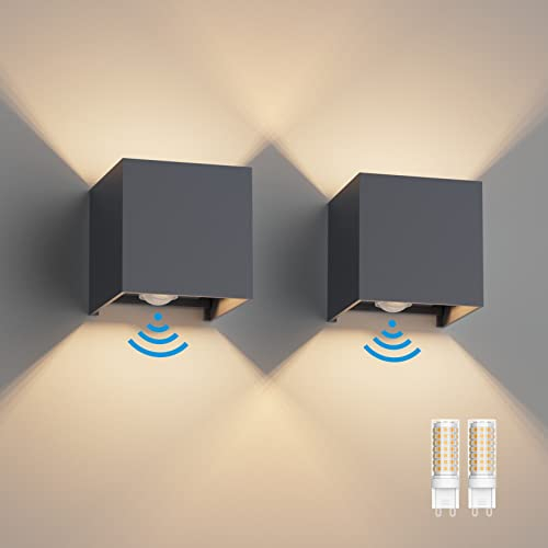 Klighten 2 Stück LED Wandleuchte mit Bewegungsmelder Innen/Außen 3000K Außenlampe mit Bewegungsmelder Wandlampe Einstellbar Abstrahlwinkel, mit Austauschbarer G9 LED Lampe (Anthrazit)