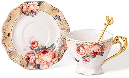 fanquare Set di Tazze da Tè e Piattini in Porcellana Floreale, Tazza da Caffè da 200 ml con Bordo Dorato, Set di Tazze da Tè Arancioni per Uso Quotidiano