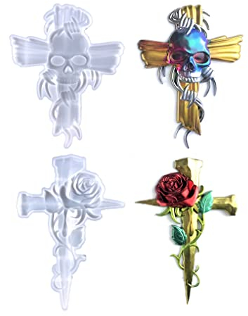 Xidmold 2 Stücke Kreuz Epoxidharz Silikonform 3D Totenkopf Rose Kreuz Wanddekoration Hängende Harz Gießform Wandkunst Harzform
