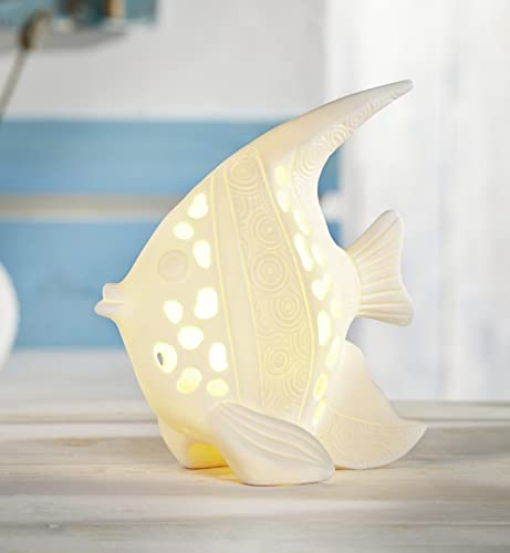 Dekoleidenschaft Fisch Tropical aus Porzellan, Creme weiß, mit LED Beleuchtung, Dekofigur, Leuchtdeko, Fischfigur, Leuchtfisch, Dekofisch, Fischdeko, Porzellanddeko, Maritime Lichterdeko