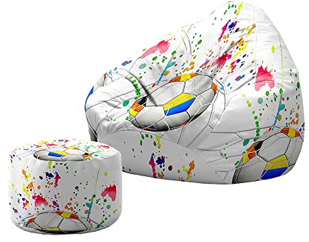 Treer Sitzsack mit Lehne und Hocker mit Ohne Füllung Großes Sofa Lazy Lounger Sitzsack Stuhlbezug Indoor Sitzsack Abdeckung für Kinder und Jugendliche (100x120+20x30cm,Fußball I)