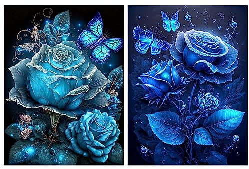 SENHAI 2er-Set Diamant-Kunst-Malerei-Sets für Erwachsene, blaue Rose, 5D-Kunst-Kits, DIY-Farben, Basteln für Zuhause, Wanddekoration, Geschenke (30 x 40 cm)