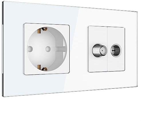 PULSAR Sat Kabel Dose Unterputz mit 2-Fach Rahmen aus Glas Weiß Kabel/SAT Anschlussdose Antennendose TV Dose Unterputz TV SAT Kabel Kombination