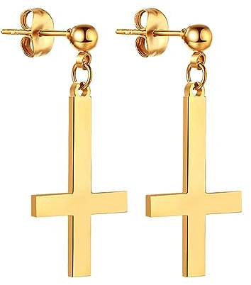 JewelryWe Ohrringe Edelstahl Umgekehrt Kreuz - Gold Vintage Upside-Down Umgedreht Kreuz Ohrringe Herren Damen Ohrstecker mit Petruskreuz Anhänger Satanische Hängende Ohrringe Ohrhänger