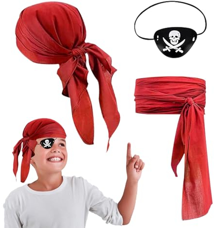 KERANEET 3 Stück Piraten Kostüm Zubehör Set Piratenkostüm Augenklappe Pirat Kinder Vintage Piraten Accessoires Piraten Kopftuch Kinder Augenklappe Pirat Schärpe Piraten für Karneval Party