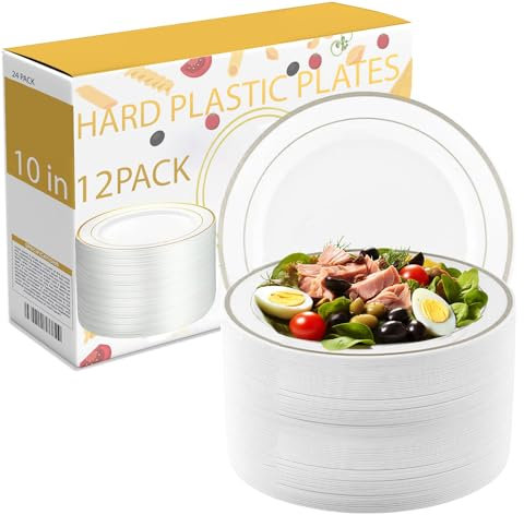 FAMASTON premium hard plastic round white plates 10in white with silver rim Heavyweight Dinnerware Set Dessert Salad Plates Appetizer utensils for Wedding and Party 12 Pack
