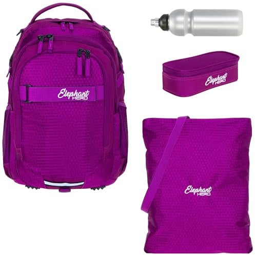 Elephant Schulrucksack 4 Teile Set Hero Signature Jungen Mädchen Rucksack Sportbeutel Mäppchen Flasche 12723 (Wild Berry (Violett) 12993)