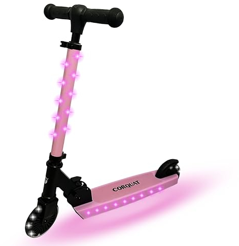 Monopattino CORQUAT con luci a LED, monopattino pieghevole, altezza regolabile per bambini dai 3 ai 10 anni, portata del monopattino fino a 60 kg. (Rosa)