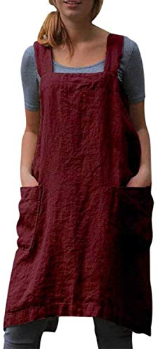 Hawholm Japanische Schürze, Kittel, Baumwolle, Schürze mit Taschen, Übergröße, Schürzen für Damen, Weinrot, Large