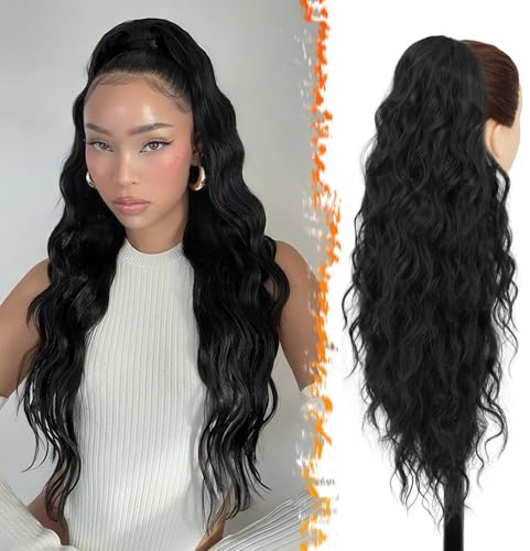BARSDAR Pferdeschwanz Haarteil Schwarz, Ponytail Extension mit Kordelzug 66cm Lang Lockige Wellige Pferdeschwanz Haarverlängerung für Damen Synthetik Pferdeschwanzverlängerung - Natürliche Schwarz