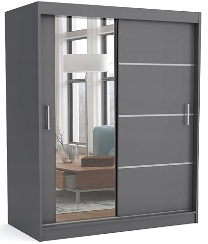 Brent - Kleiderschrank mit Spiegel 160cm Breit Windsor Tomy I Schlafzimmerschrank mit 2 Kleiderstänger und Einlegeböden für Kleidung I Kleiderschrank Anthrazit