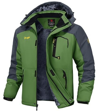 Rdruko Skijacke Herren Warme Winterjacke Gefüttert Verdickt Softshelljacke Wasserdicht Snowboardjacke Atmungsaktiv Funktionsjacke mit Abtrennbarer Kapuze(Grasgrün, L)