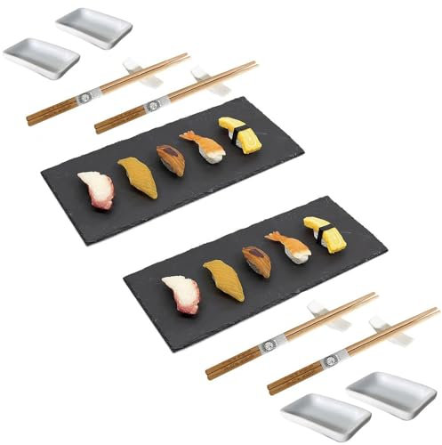 PALUPLUS Set Sushi per 2 Persone con 2 Vassoi in Ardesia, Misura 30x10 cm, Servizio Orientale da 14 pezzi: 4 bacchette cinesi, 4 porta bacchette, 4 ciotole per salse -333