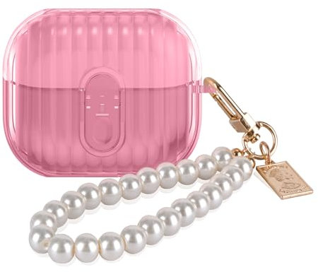 DiyGody Funda Compatible con Samsung Galaxy Buds 3/Galaxy Buds 3 Pro, Cover Protectora con Llavero de Perlas para Mujer, Case Transparente de TPU Silicona Suave Antipolvo Antiarañazos Antigolpes, Rosa