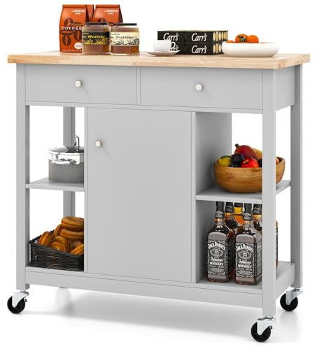 TANGZON Kitchen Island on Wheels, Rolling Kitchen Storage Trolley with Cabinet, Drawers, Rubber Wood Worktop, Adjustable & Open Shelves, Utility Serving Cart for Home Bar Dinning Living Room (Grey)