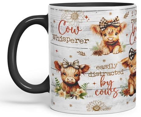 Vixar Easily Distracted by Baby Cow Whisperer I just Realy Love Cow Highland Scottish Farm Animals Ceramic Coloured Mug Cup for Tea Coffee Hot Brew 330ml 11Oz Gift (Black)