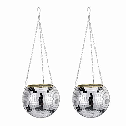 2Pack 20CM Mirror Disco Ball Hanging Planter with Hooks Chain Wall Mounted Flower Plant Basket for Boho Decor Silver Disco Ball Plant Hanger for Plants