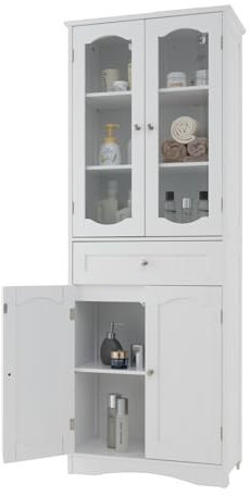 COSTWAY Armario Alto, Mueble Columna de Baño Independiente con 4 Puertas, Gabinete con 5 Estantes y 1 Cajón de Almacenamiento, Armario de Suelo para Cocina o Sala de Estar, Comedor, Oficina (Blanco)