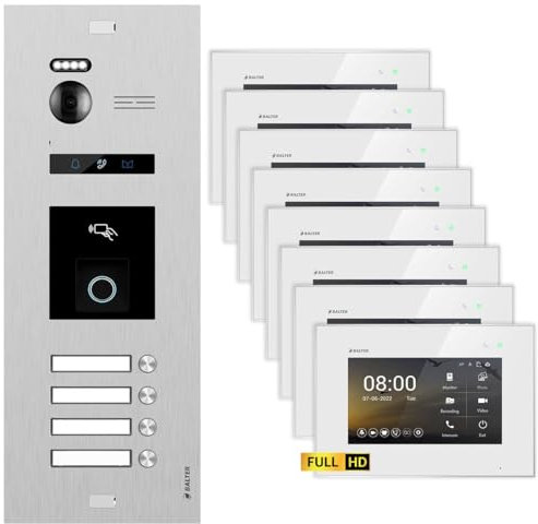 BALTER EVO HD Video Türsprechanlage mit Fingerprint Silber/Weiß 4 Familienhaus Set 8x 7 LCD Monitor