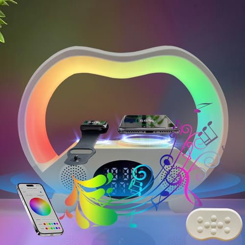 NAUXIU 6-in-1 LED Night Lights with Bluetooth Speaker,Wireless Charger Speaker,Atmosphere Desk Table Lamp Sunrise Alarm Clock Smart Light Sound Machine for Kids Adults Bedside Home Decor