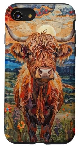 iPhone SE (2020) / 7 / 8 Highland Cow with Flowers in Field, with Hills and Sun Case