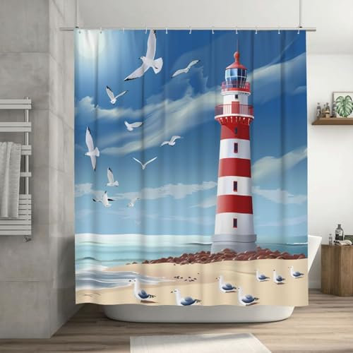 Mexpekil Duschvorhang, 183 x 183 cm, Ozean, Leuchtturm, Möwe, wasserdicht, Badezimmervorhänge mit 12 Kunststoffhaken, Polyestergewebe, Duschvorhänge für Badezimmer, Badewanne