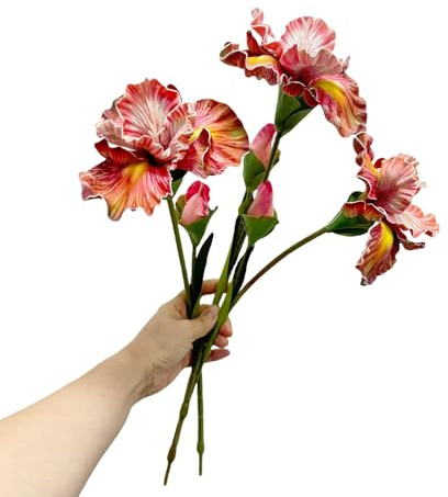 3pcs 18 Artificial Iris Flower PU Flower Heads,Real Touch Artificial Flowers Bulk Bouquet Fake Outdoor Cemetery Flower Arrangements and Wedding Holding Flowers,Dining Table Centerpieces (Orange Red)
