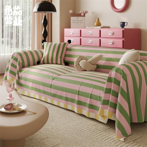 Highdi Sofaüberwurf Dopamin-Stil Farbige Streifen Sofabezug für 1 2 3 4 Sitzer Ecksofa Einteiliger Weich Universal Sofaschoner als Sofadecke, Couch Überwürf, Tagesdecke (180x230cm,Rosa Grün)