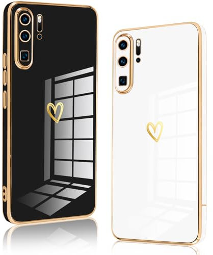 Vauki 2 Stück für Huawei P30 Pro Hülle, Weich TPU Silikon Handyhülle Herz Motiv Schutzhülle Kameraschutz Stoßfest Bumper Case Jungen und Mädchen Cute Cover, Schwarz & Weiß