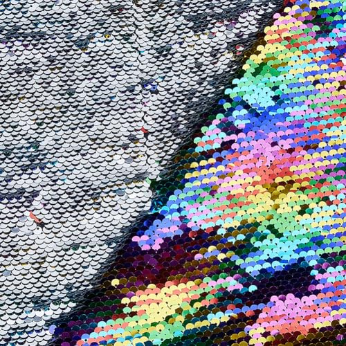 DICOSMETIC 1x1.5m Paillettenstoff Regenbogen Zum Silber Pailletten Glitzerstoff Zum Nähen Meerjungfrau Paillettenstoff Zweifarbiger Paillettenstoff Zum Nähen Hochzeit Party Dekoration