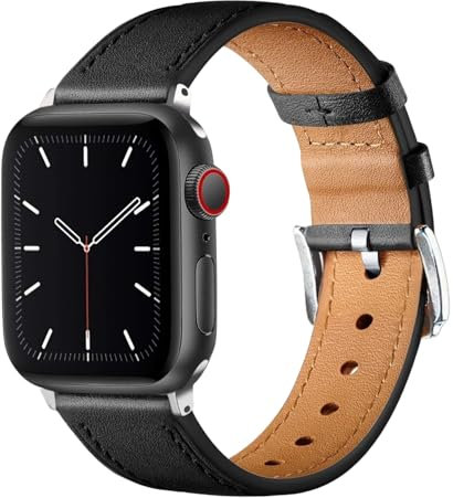Lederarmband kompatibel für Apple Watch 38mm 40mm 41mm 42mm 44mm 45mm 46mm 49mm - Echtleder Armband für iWatch Ultra SE Series 10 9 8 7 6 5 4 3 2 1 (Schwarz, 44mm/45mm/46mm/49mm/42mm-Series 3 2 1)
