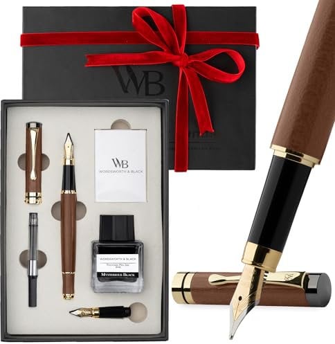 Wordsworth & Black Fountain Pen Set, Luxury Bamboo Wood - Medium Nib, Extra Fine Nib, Gift Case; 25ML Black Ink Bottle, 6 Ink Cartridges, Refill Converter - Calligraphy, Writing [Brown Wood]