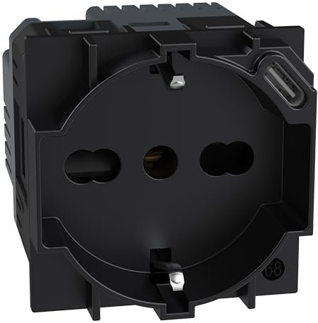 BTICINO Living Now, Presa Schuko Italiana P40 + Caricatore USB Tipo C, Quick Charge, Presa Elettrica con Alveoli Protetti, Compatibile con Spine Italiane/Schuko, 2 Moduli, Nero, KG4140A16USB