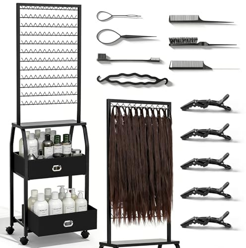 Portable Braiding Hair Rack with Wheels & Storage Drawers,2-Sided 288 Pegs,Hair Extension Holder Hanger for Braiding Hair Separator Stand Display,Hair Rack with Stylist Hair braiding Tools (Black)
