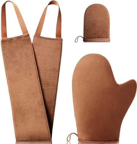 Selbstbräuner Mitt Set Fake Tan Mit Set 3 in 1 Tan Mitt Applikator Selbstapplikator Wiederverwendbarer Bräunungshandschuh Selbstbräuner Mitt für Mit Rückenapplikator braun