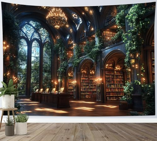 LB Tapisserie Murale Bibliothèque vintage Tapisserie Forêt Vert Plantes Marron Livres Rétro Couverture Murales Collège magique Tapisseries Decoration pour Maison Salon Chambre Dortoir,235x180cm