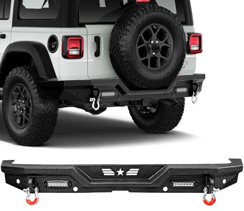 Paraurti posteriore, compatibile con JP Wrangler JK/JKU 2007-2018, paraurti fuoristrada Rock Crawler a piena larghezza con luci LED, ricevitore gancio di traino da 5,1 cm e anelli a D, nero