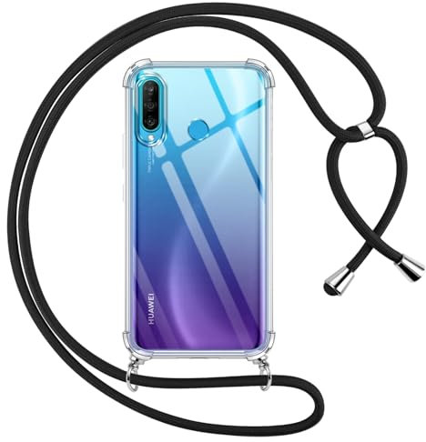 Pnakqil Coque pour Huawei P30 Lite avec Cordon, Transparente Silicone Housse avec Réglable de Collier Anti-Chute Etui pour Huawei P30 Lite, Ètuis à Bandoulière 6.15, Noir