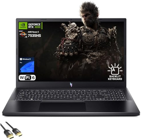 acer Nitro V 15.6 Gaming Laptop, AMD Ryzen 5 7535HS Hexa-Core, NVIDIA GeForce RTX 4050, 144Hz FHD IPS, 16GB RAM, 512GB SSD, WiFi 6, Backlit Keyboard, US Version KB, PDG HDMI Cable, Windows 11 Pro