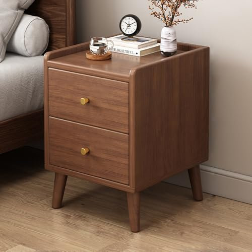 Mesita de noche alta moderna de mediados de siglo, elegante mesita de noche con cajones de almacenamiento y estante de madera abierto, mesita de noche vintage de nogal para dormitorio y sala de estar