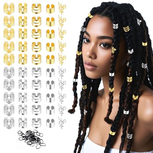 Molirex 50 StüCk Haarschmuck Gold&Silbrig FüR Dreadlocks - Damen Haarclips(Verstellbar Metall Cuffs)+100 StüCk Mini Haargummis,Haarperlen Zum Klipsen FüR MäNner Und Frauen