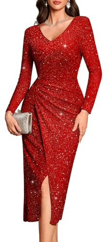 Bbonlinedress Glitzer Kleid Damen elegant Maxilang Langarm Winterkleider festliches Weihnachtskleid mit Pailletten Party Bodycon Cocktailkleid Red M