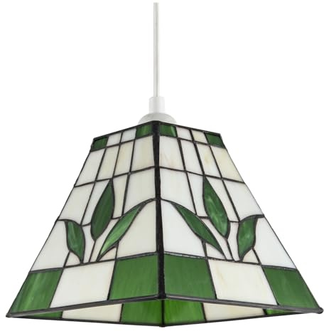Green and Amber Stained Glass Traditional Square Tiffany Pendant Lighting Shade | 21cm x 17cm | Art Deco Style by Happy Homewares