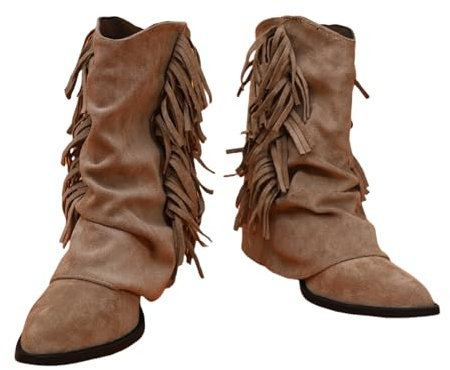 Stivaletti Taglie Con Frange Forti Da Donna Stivali Da Cowboy Western Retrò Stivaletti In Pelle Scamosciata Con Punta A Punta E Tacco A Blocco Scarpe Alla Caviglia For Concerto, Festa(Beige,38 EU)