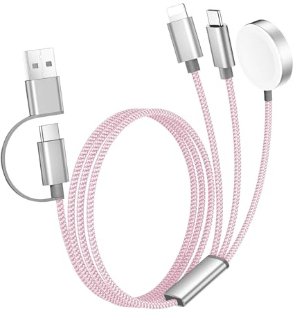 PNGOS Câble USB-C 3 en 2 Multi Chargeur – 100W Câble de Charge Rapide 1,2M, Compatible avec pour iWatch Ultra/SE/10/9/8/7/6/5/4/3/2/1, pour i-Phone 16/15/14/13/12/11, pour i-Pad, AirPods – Rose