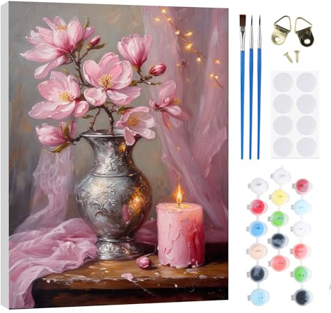 RICUVED Peinture par Numéros Adulte Fleur,Bougie Maison Peinture par Numéros Kits avec Cadre en Bois Toile Huile la Main avec Pinceaux Kits Adultes Artisanat pour la Maison 20x30cm