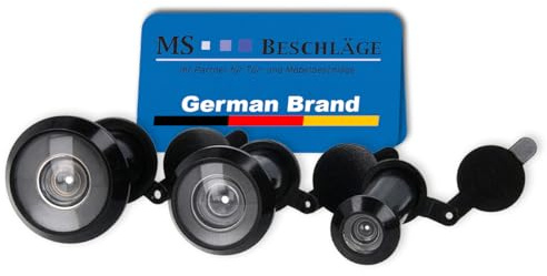 MS Beschläge Türspion Schwarz aus Messing mit Sichtschutzklappe – Sicherheits-Türspion Blickwinkel 160° 180° 200° - Rundum-Blick vor der Tür - Türblick Türsicherheit (Blickwinkel 180°)
